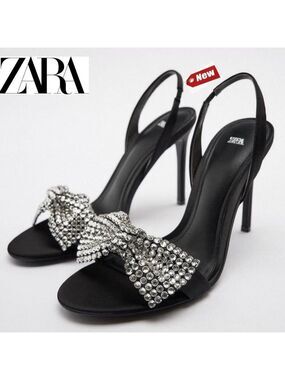 Zara Black strappy Crystal rhinestone embellished bow high heel sandals 36 NWT